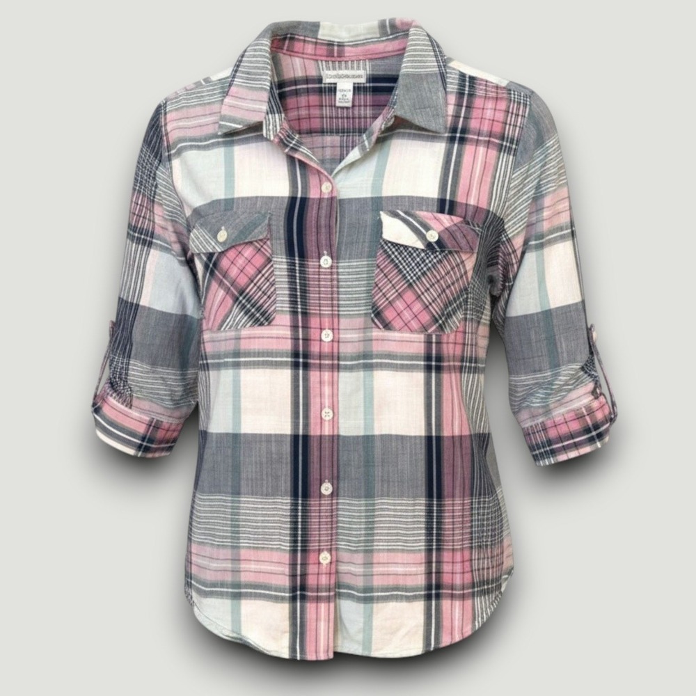 Croft & Barrow Top‎ Cotton L Petite Pink Gray Plaid Button Up  Casual Chic
